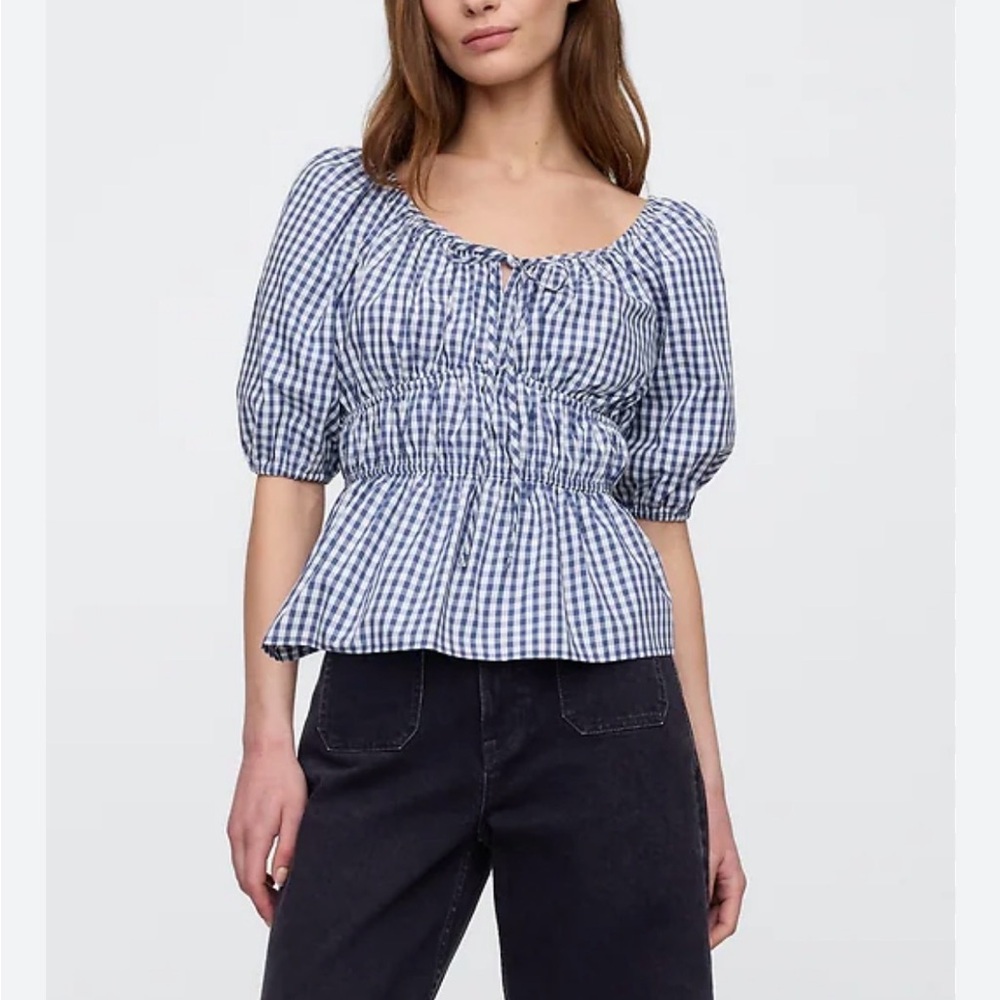 Gap Factory Puff Sleeve Cinched-Waist Top NWT Cotton Blue & White Gingham XL